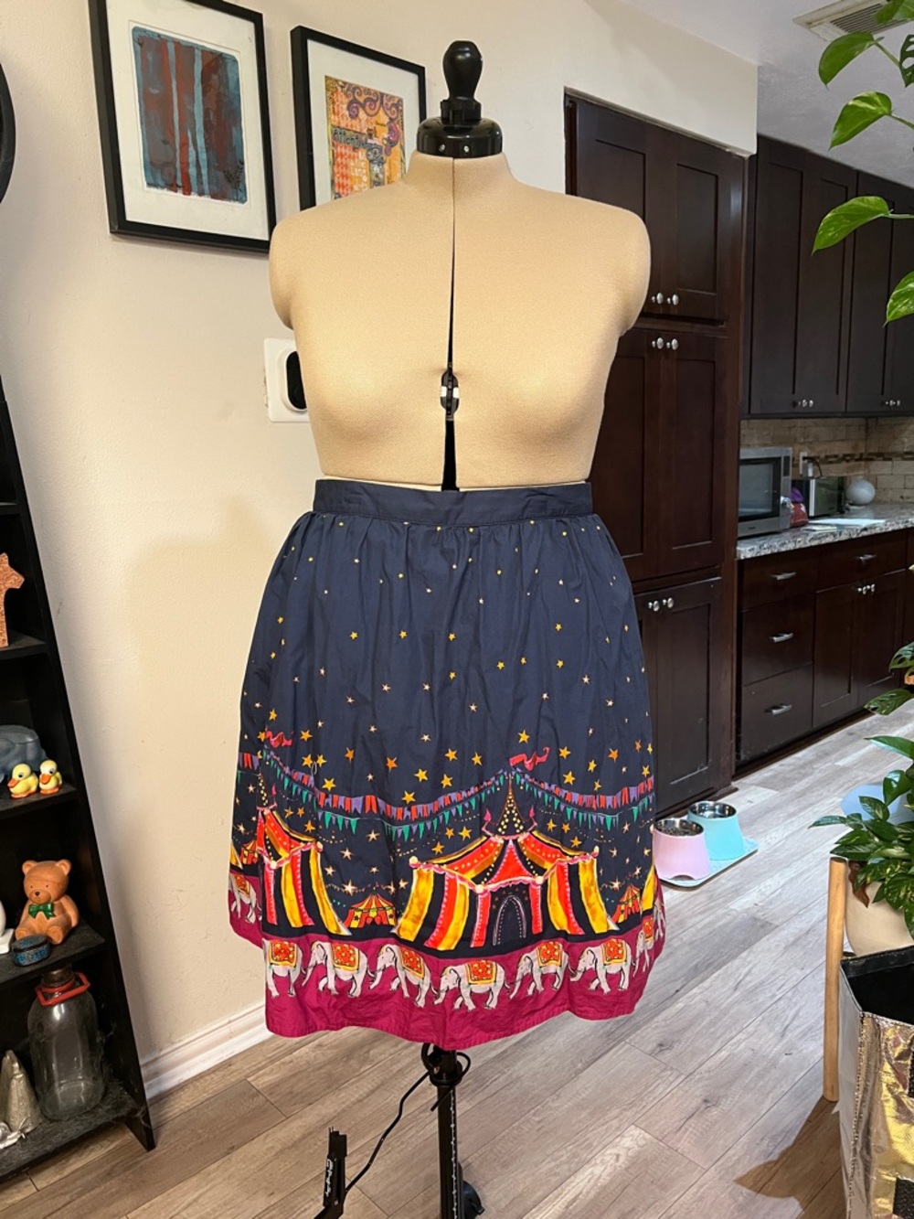 ModCloth Navy Circus-Print Skirt with Magenta Hem